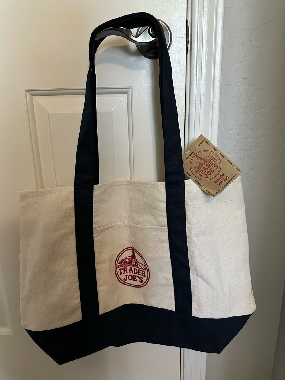 Trader Joe's Large Canvas Tote Bag - Cream & Navy